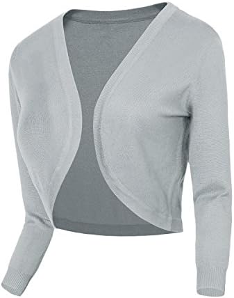 Cropped Cardigan V-Neck Button Down Knitted Sweater 3/4 Sleeve, Print #2 Light Grey