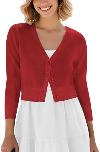 Cropped Cardigan V-Neck Button Down Knitted Sweater 3/4 Sleeve, Red