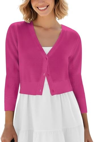 Cropped Cardigan V-Neck Button Down Knitted Sweater 3/4 Sleeve, Rose