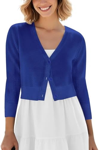 Cropped Cardigan V-Neck Button Down Knitted Sweater 3/4 Sleeve, Royal Blue