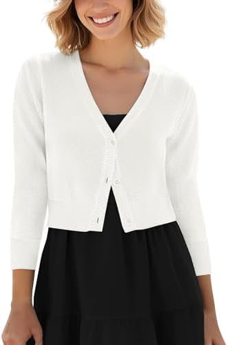 Cropped Cardigan V-Neck Button Down Knitted Sweater 3/4 Sleeve