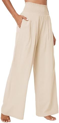 Elastic High Waist Light Weight Loose Casual Wide Leg Trousers Long Pants with Pocket, Beige