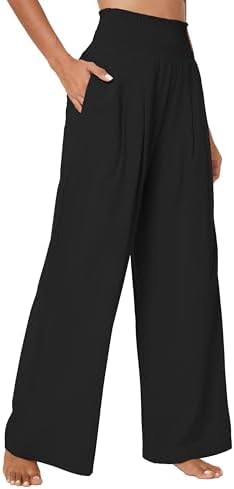 Elastic High Waist Light Weight Loose Casual Wide Leg Trousers Long Pants with Pocket, Black