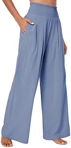 Elastic High Waist Light Weight Loose Casual Wide Leg Trousers Long Pants with Pocket, Blue