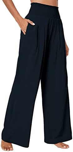 Elastic High Waist Light Weight Loose Casual Wide Leg Trousers Long Pants with Pocket