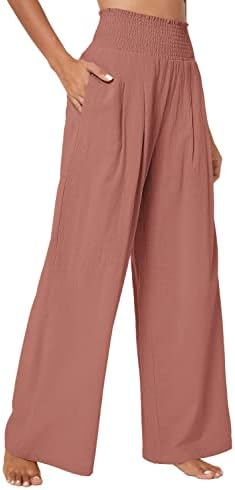 Elastic High Waist Light Weight Loose Casual Wide Leg Trousers Long Pants with Pocket, Dusty Rose