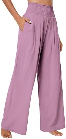 Elastic High Waist Light Weight Loose Casual Wide Leg Trousers Long Pants with Pocket, Lavender