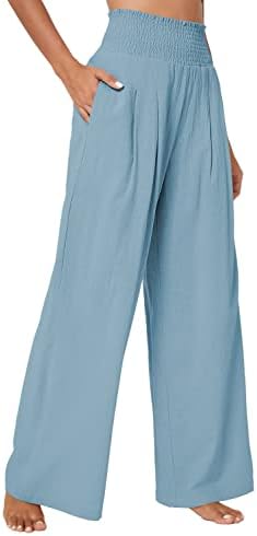 Elastic High Waist Light Weight Loose Casual Wide Leg Trousers Long Pants with Pocket, Light Blue