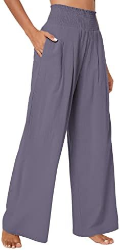 Elastic High Waist Light Weight Loose Casual Wide Leg Trousers Long Pants with Pocket, Purple