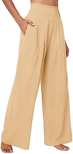 Elastic High Waist Light Weight Loose Casual Wide Leg Trousers Long Pants with Pocket, Sand