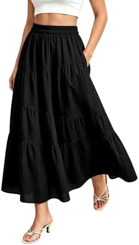 Elastic Waist Boho Flowy Ruffle Tiered Long Maxi Skirt, Black