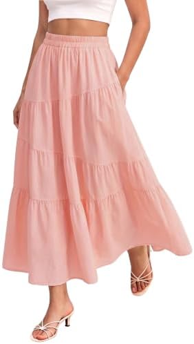 Elastic Waist Boho Flowy Ruffle Tiered Long Maxi Skirt