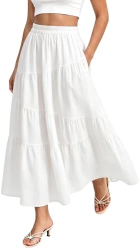 Elastic Waist Boho Flowy Ruffle Tiered Long Maxi Skirt, White