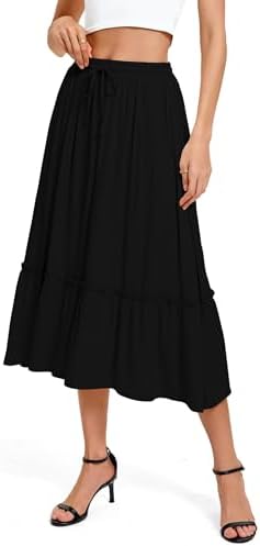 Elastic Waist Flowy A-Line Midi Long Skirt Below Knee with Pockets