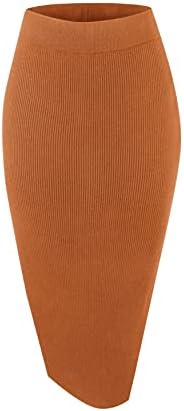 Elastic Waist Knitted Split Tube Pencil Midi Skirt, Deep Camel