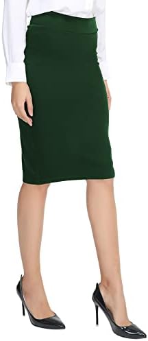 Elastic Waist Stretch Bodycon Midi Pencil Skirt, Blackish Green