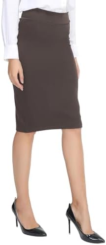Elastic Waist Stretch Bodycon Midi Pencil Skirt, Brown