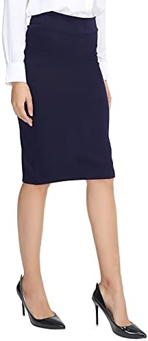 Elastic Waist Stretch Bodycon Midi Pencil Skirt, Navy Blue
