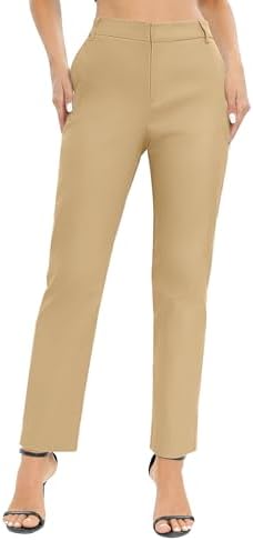Elastic Waisted Work Pants Business Casual Office Dress Pants Trousers with Pockets, Camel