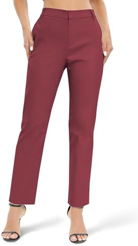 Elastic Waisted Work Pants Business Casual Office Dress Pants Trousers with Pockets, Red