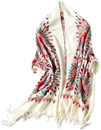 Embroidered Oversize Tassel Shawl Scarf Wraps for Women, Beige