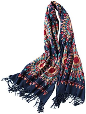 Embroidered Oversize Tassel Shawl Scarf Wraps for Women, Navy Blue