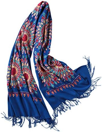 Embroidered Oversize Tassel Shawl Scarf, Royal Blue