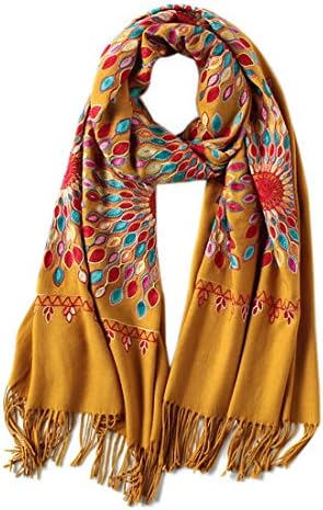 Embroidered Oversize Tassel Shawl Scarf Wraps for Women, Turmeric