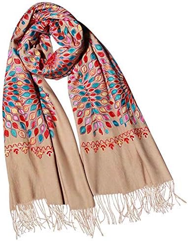 Embroidered Scarf for Women, Tassel Shawl, Soft Lightweight Wrap, Camel