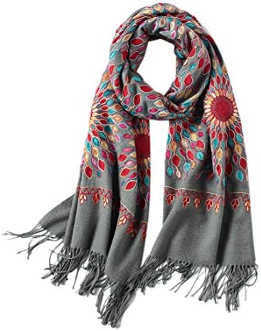 Embroidered Scarf for Women, Tassel Shawl, Soft Lightweight Wrap, Gray