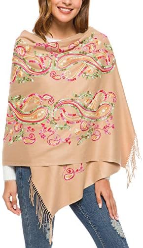 Embroidered Scarf for Women, Tassel Shawl, Soft Lightweight Wrap, Print #1 Camel