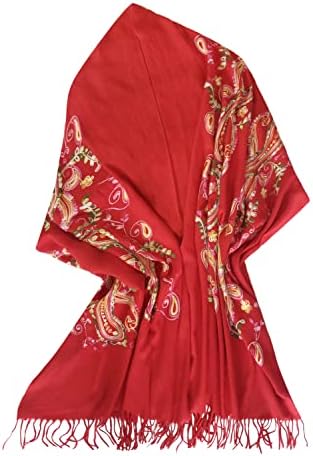 Embroidered Scarf for Women, Tassel Shawl, Soft Lightweight Wrap, Print #1 Red