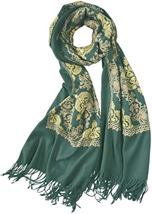 Embroidered Scarf for Women, Tassel Shawl, Soft Lightweight Wrap, Print #2 Dark Green