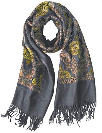 Embroidered Scarf for Women, Tassel Shawl, Soft Lightweight Wrap, Print #2 Gray