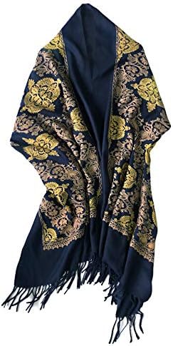 Embroidered Scarf for Women, Tassel Shawl, Soft Lightweight Wrap, Print #2 Navy Blue