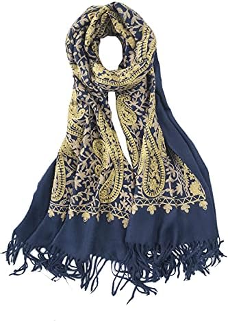 Embroidered Scarf for Women, Tassel Shawl, Soft Lightweight Wrap, Print #3 Navy Blue