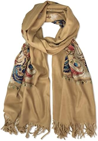 Embroidered Scarf for Women, Tassel Shawl, Soft Lightweight Wrap, Print #5 Camel