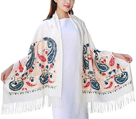 Embroidered Scarf for Women, Tassel Shawl, Soft Lightweight Wrap, Print #5 White