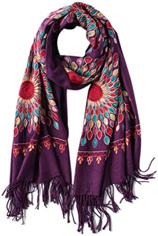 Embroidered Scarf for Women, Tassel Shawl, Soft Lightweight Wrap, Purple