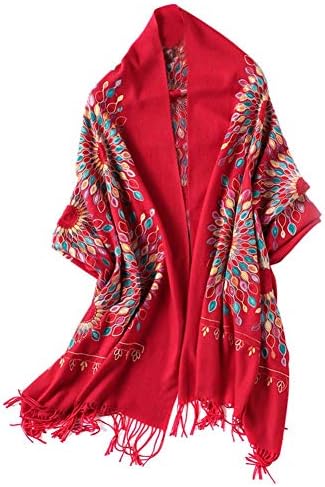 Embroidered Scarf for Women, Tassel Shawl, Soft Lightweight Wrap, Red