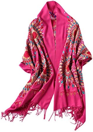 Embroidered Scarf for Women, Tassel Shawl, Soft Lightweight Wrap, Rose