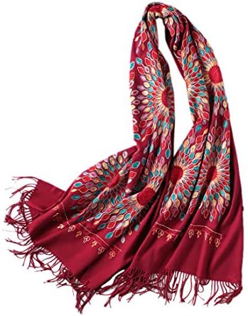 Embroidered Scarf for Women, Tassel Shawl, Soft Lightweight Wrap, Wine Red