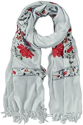 Embroidered Tassel Long Shawl Oversize Scarf Wraps for Women, Print #1 Light Gray