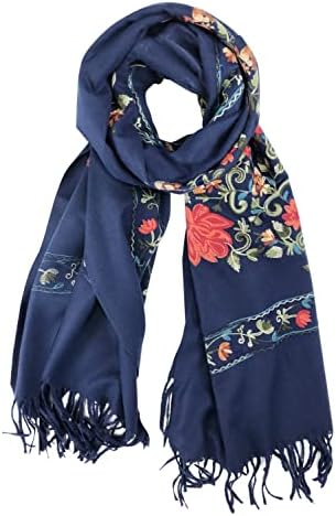 Embroidered Tassel Long Shawl Oversize Scarf Wraps for Women, Print #1 Navy Blue