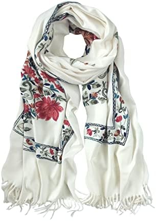 Embroidered Tassel Long Shawl Oversize Scarf Wraps for Women, Print #1 White
