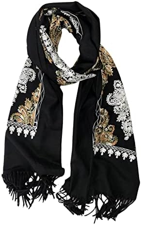 Embroidered Tassel Long Shawl Oversize Scarf Wraps for Women, Print #2 Black