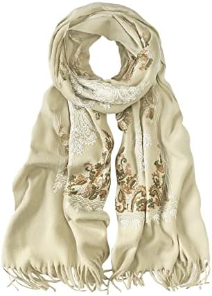Embroidered Tassel Long Shawl Oversize Scarf Wraps for Women, Print #2 Khaki