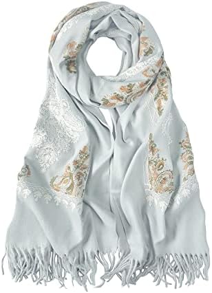 Embroidered Tassel Long Shawl Oversize Scarf Wraps for Women, Print #2 Light Gray