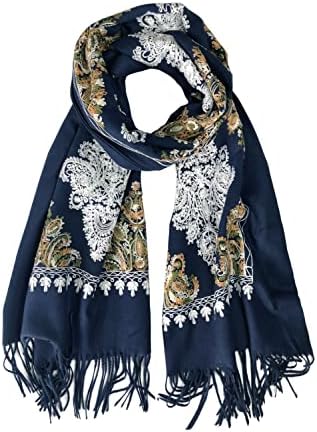 Embroidered Tassel Long Shawl Oversize Scarf Wraps for Women, Print #2 Navy Blue