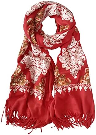 Embroidered Tassel Long Shawl Oversize Scarf Wraps for Women, Print #2 Red